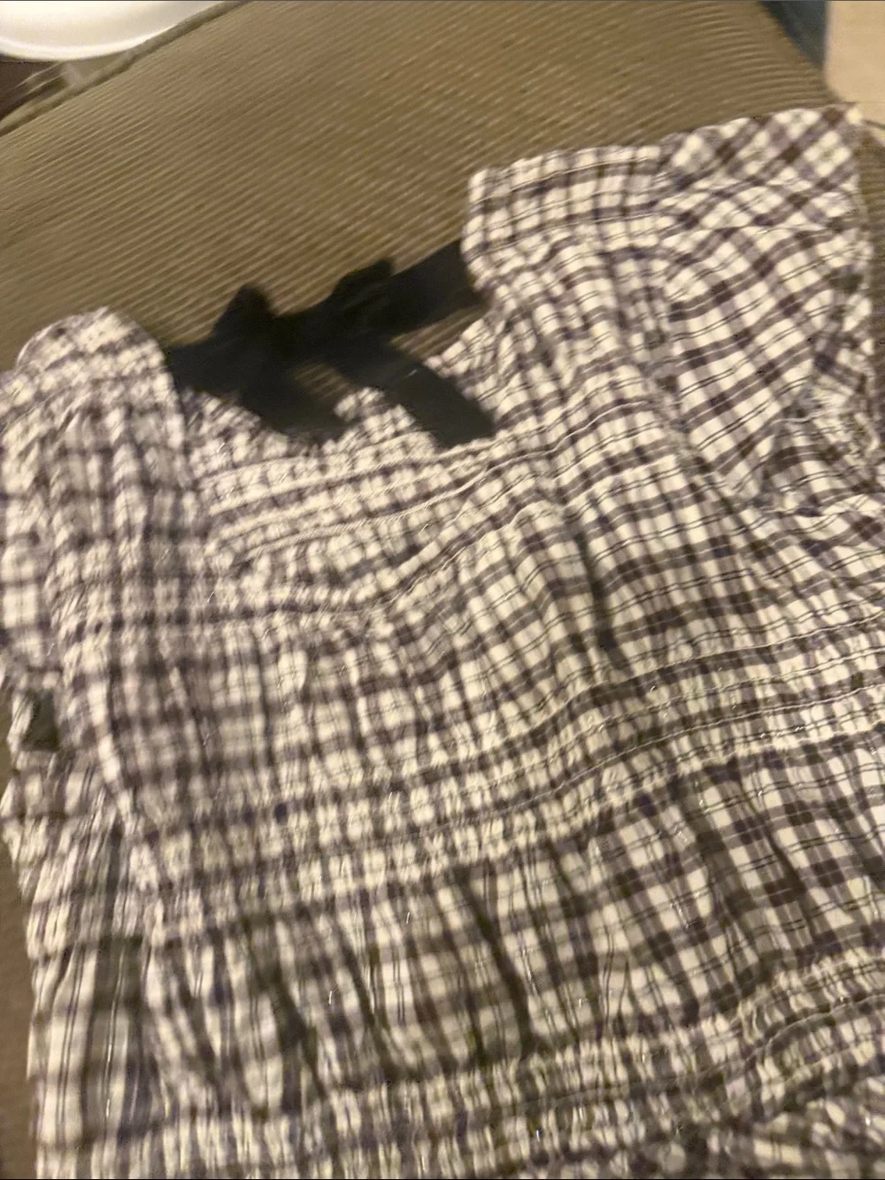 Old Navy White and Navy Plaid Smocked Ruffle Top